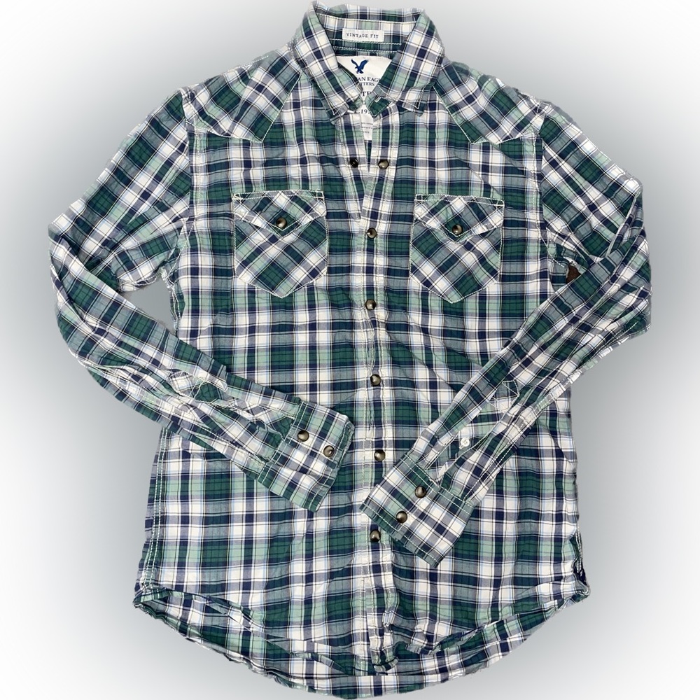American Eagle Outfitters Green and Blue Plaid Casual Button Down Shirt